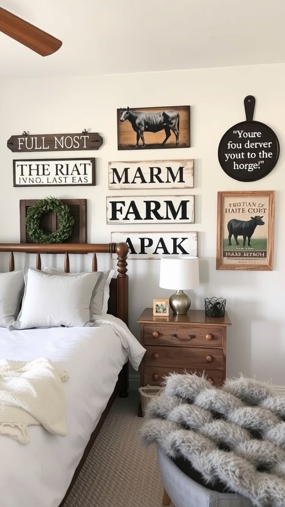 Farmhouse guest bedroom wall decor featuring wooden signs and animal prints