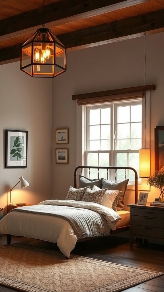 A cozy farmhouse guest bedroom with pendant lighting and warm accents.
