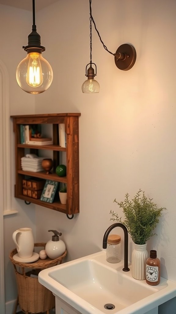 Farmhouse bathroom with stylish lighting fixtures above a sink, featuring a pendant light and wall sconce.