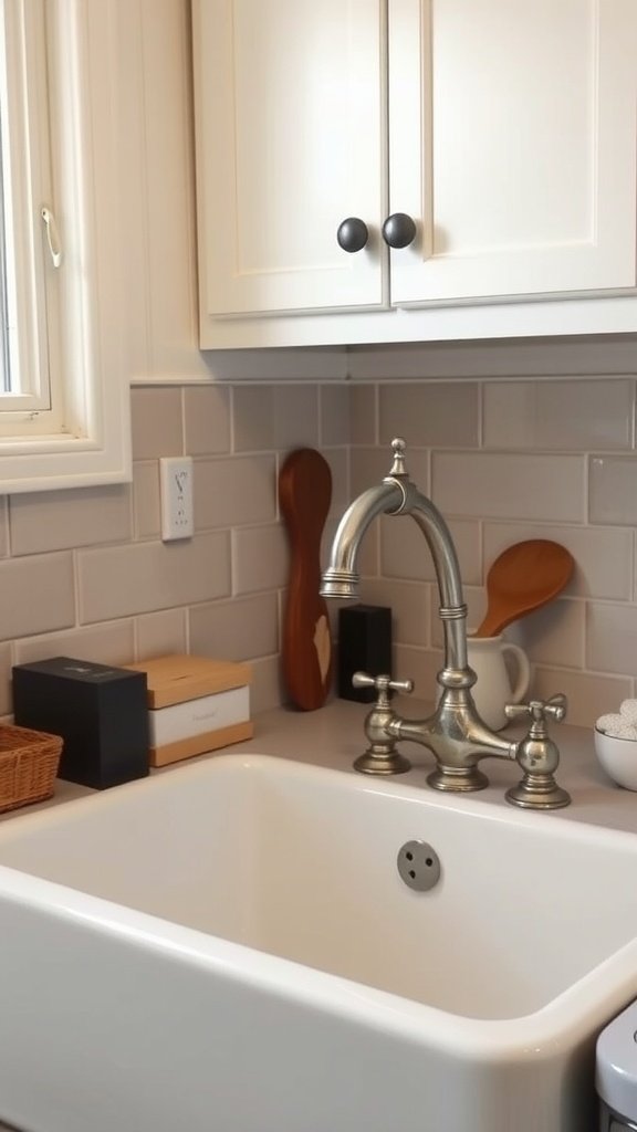 Farmhouse sink featuring a vintage faucet with a simple and stylish countertop design.