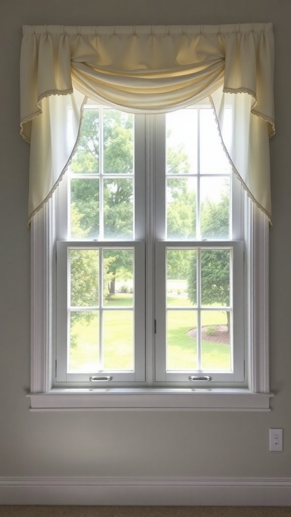 A cozy farmhouse-style window treatment with a soft cream valance and curtains, letting in natural light.