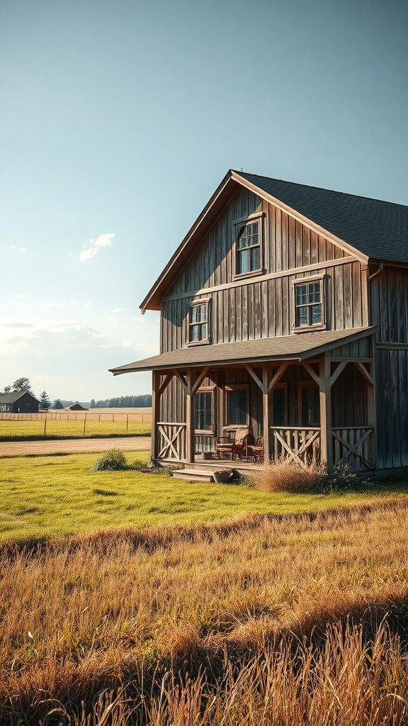 A rustic wooden farmhouse with a porch in a field during sunset
