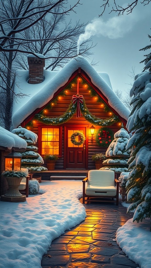 A festive holiday cottage covered in snow, decorated with lights and a wreath, with smoke rising from the chimney.
