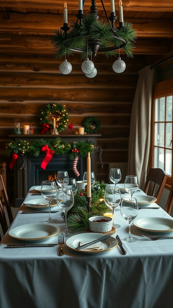 Cozy winter cabin dining table decorated for Christmas with greenery, candles, and elegant tableware.