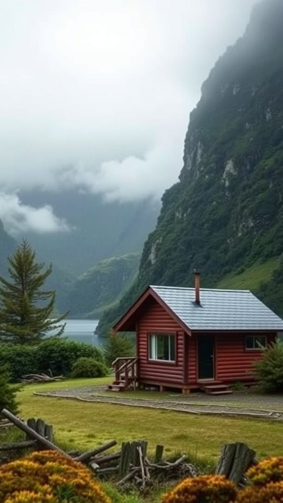 A cozy red cabin surrounded by mountains in Fiordland National Park, New Zealand.