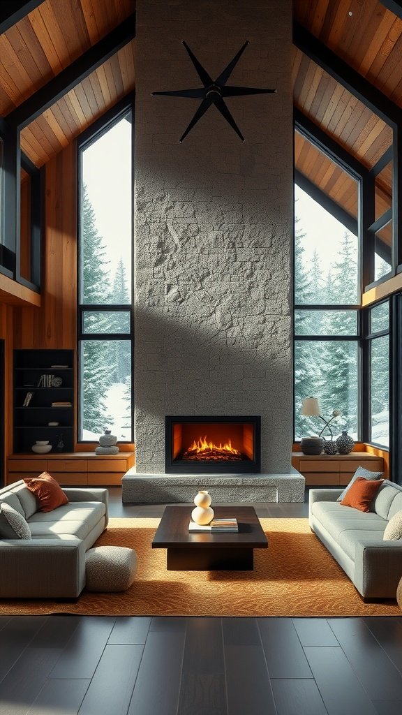 A modern mountain home interior featuring a tall stone fireplace and large windows overlooking snowy trees.