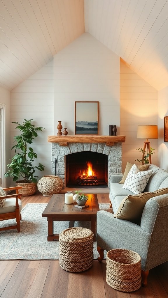 Cozy living room with a fireplace, seating arrangement, and decorative elements