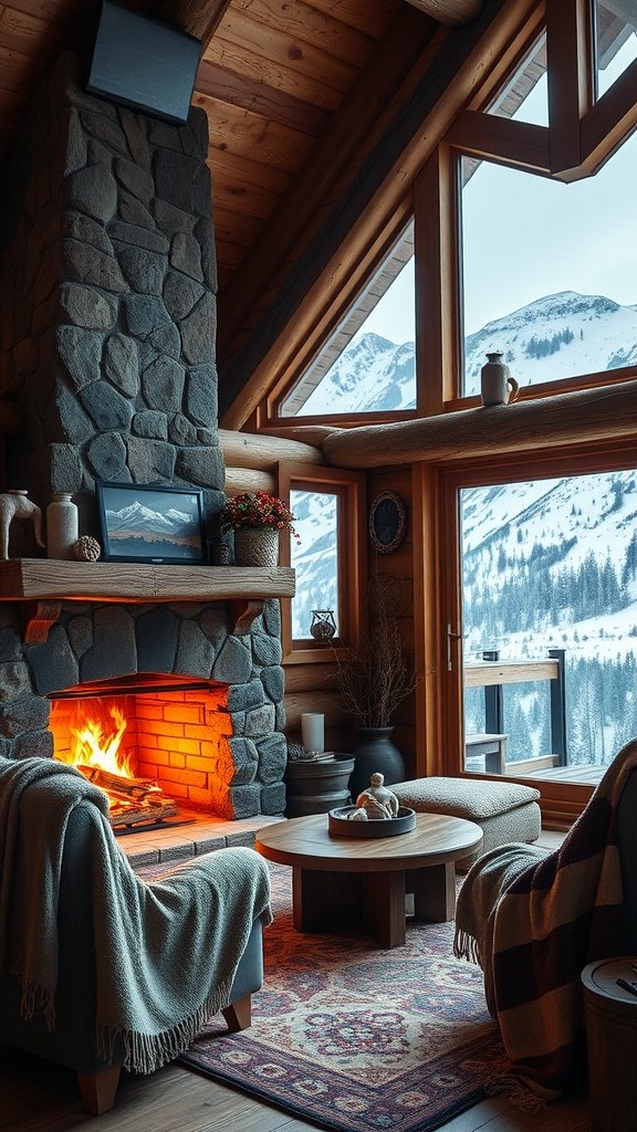 Cozy mountain living room with a stone fireplace and large windows showing snowy mountains