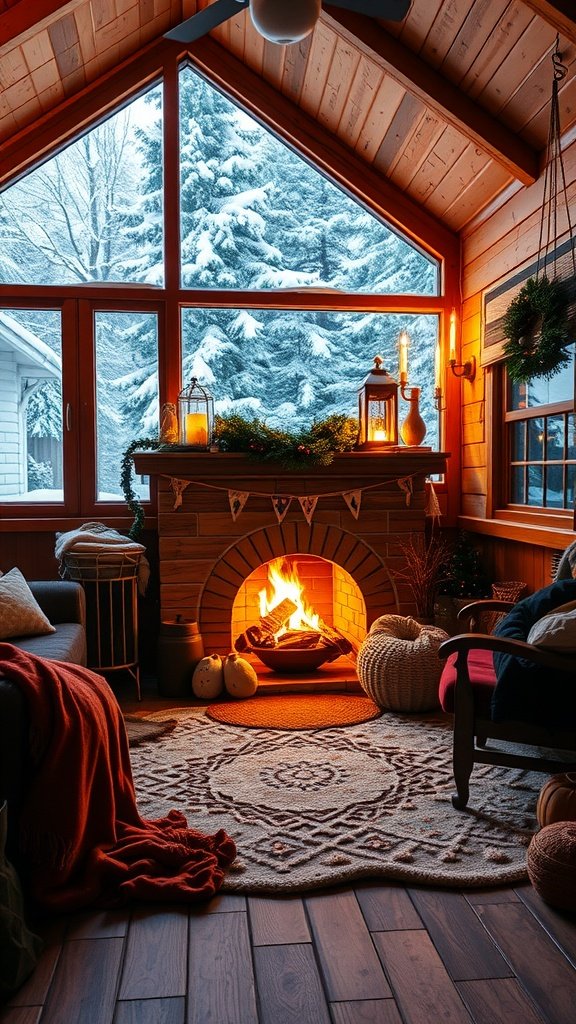 Cozy cabin interior with a fireplace, large windows showing a snowy landscape, and warm decorative elements.