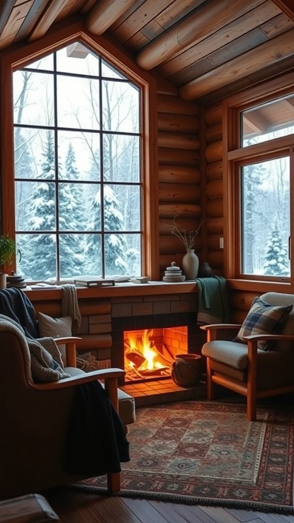 Cozy cabin interior featuring a fireplace, large windows with a snowy view, and comfortable furnishings.