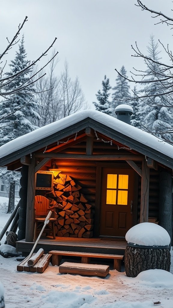 A cozy cabin surrounded by snow, featuring a stack of firewood and warm light glowing from the windows.