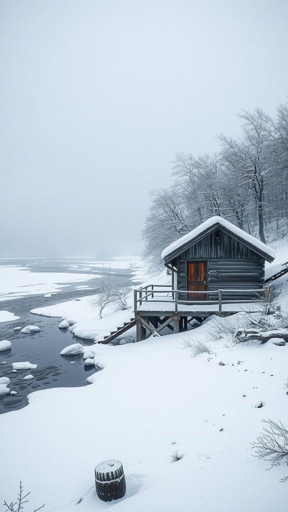 A cozy wooden cabin by a river surrounded by snow-covered trees and a serene winter landscape.