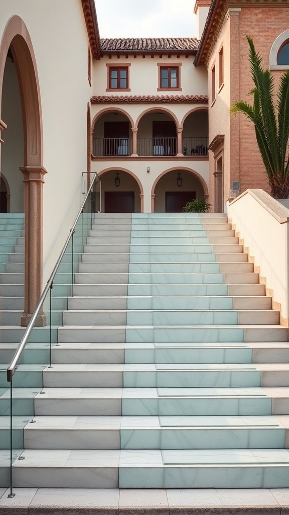 Beautiful floating stairs with glass panels leading up to a Spanish-style home