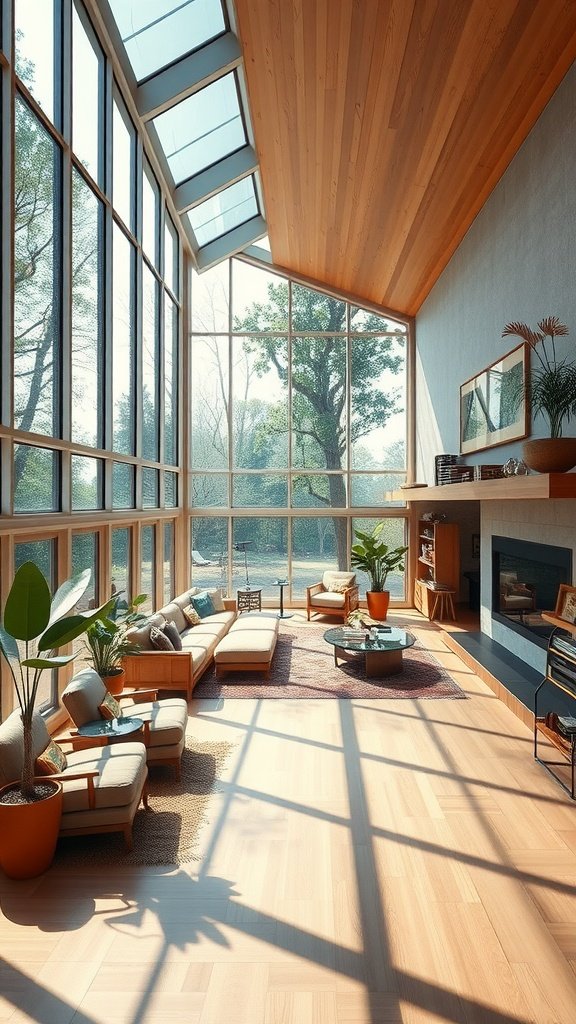 A spacious living room with floor-to-ceiling windows, natural light flooding in, wooden ceiling, and indoor plants.