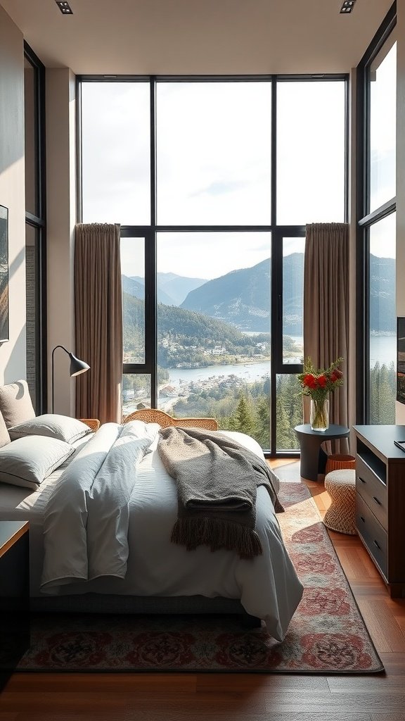 A stylish bedroom featuring floor-to-ceiling windows with mountain and lake views.