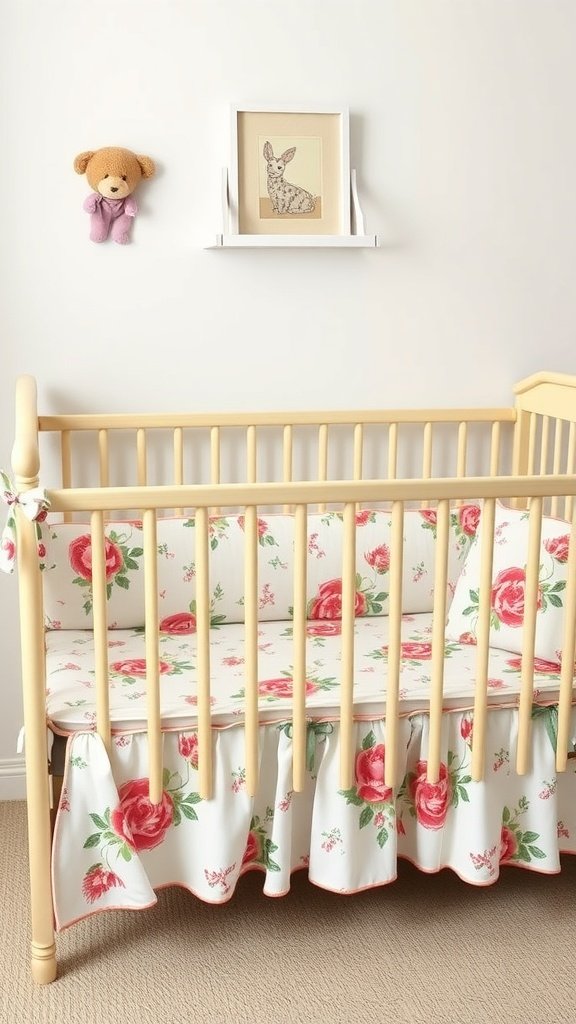 A cozy nursery with floral-themed bedding in a crib, featuring roses and greenery, complemented by a teddy bear and framed artwork.