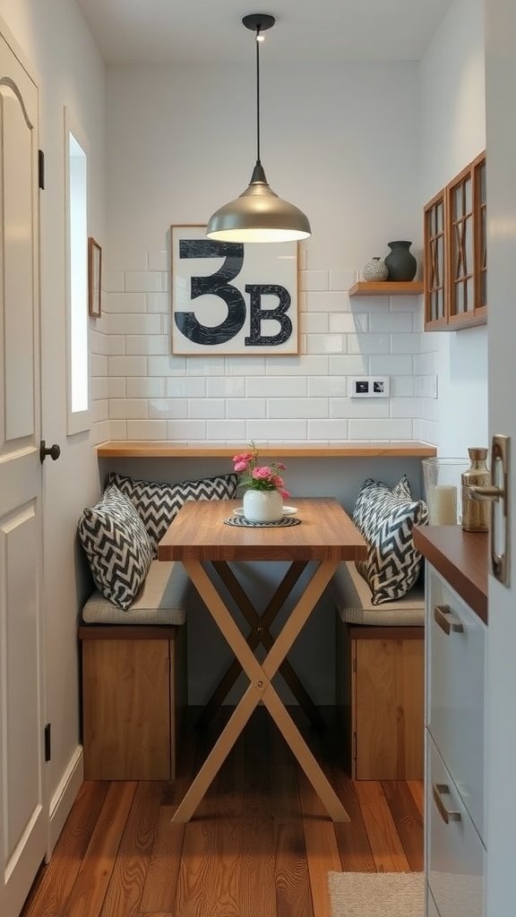 A cozy kitchen featuring a foldable dining table with cushioned seating, decorative wall shelves, and warm lighting