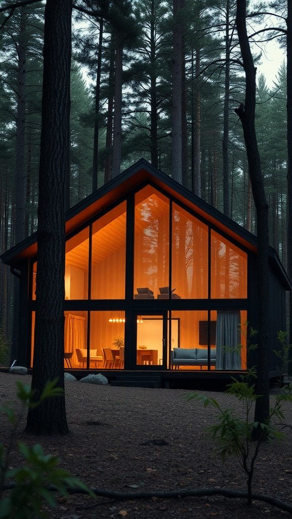 A modern forest cabin with large glass windows surrounded by trees