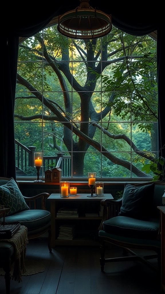 A cozy alcove with plush chairs, flickering candles, and a view of a forest through a large window.