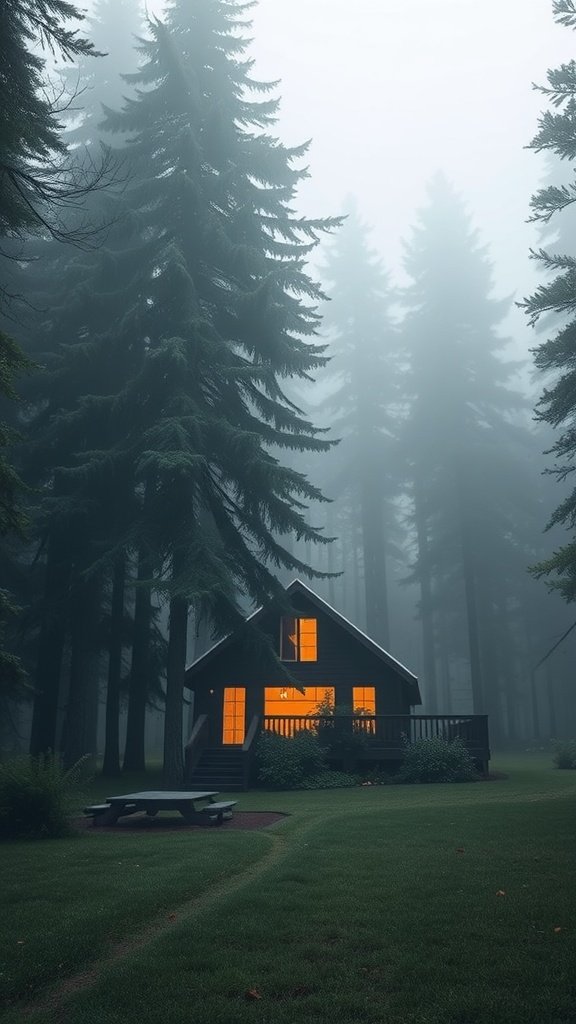 A cozy forest lodge surrounded by tall trees and mist, with warm lights glowing from the windows.