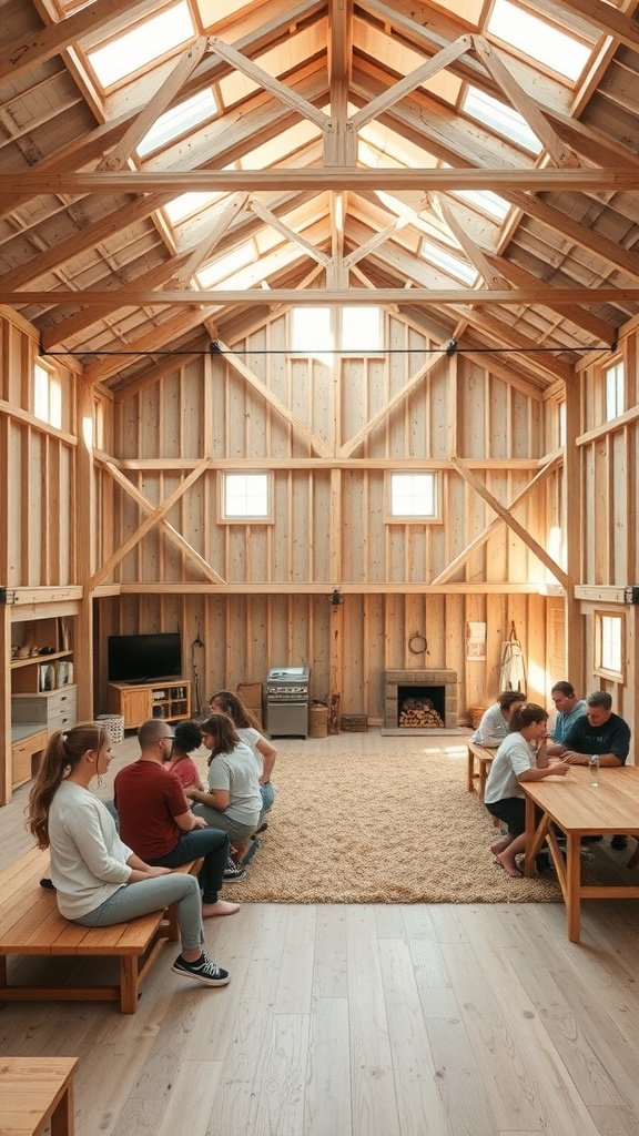 Interior of a modern barn house with wooden beams, skylights, and people sitting around tables engaged in conversation.
