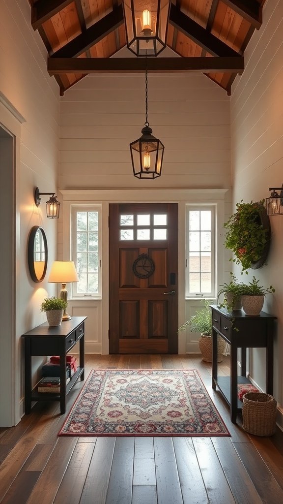 Renovated foyer with wooden beams, console tables, and a decorative rug.