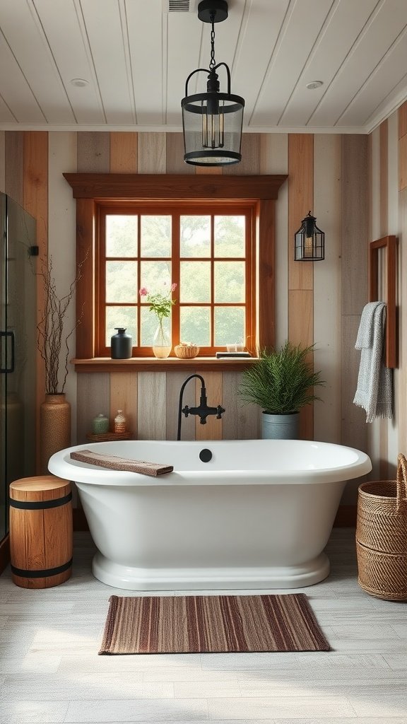 A cozy farmhouse bathroom featuring a freestanding bathtub, wooden accents, and natural light.
