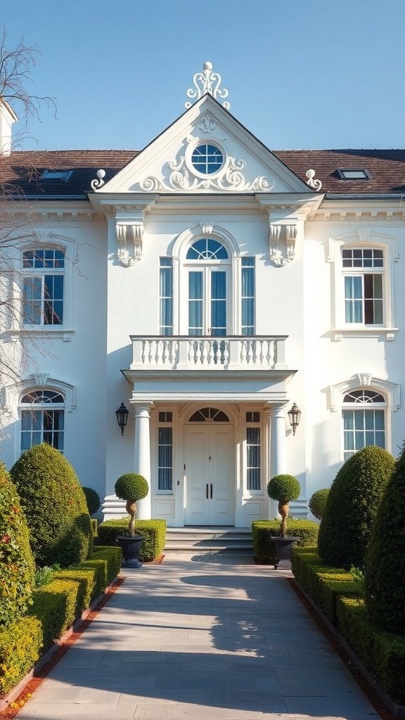 A beautiful white French Provincial home with intricate details and elegant landscaping.