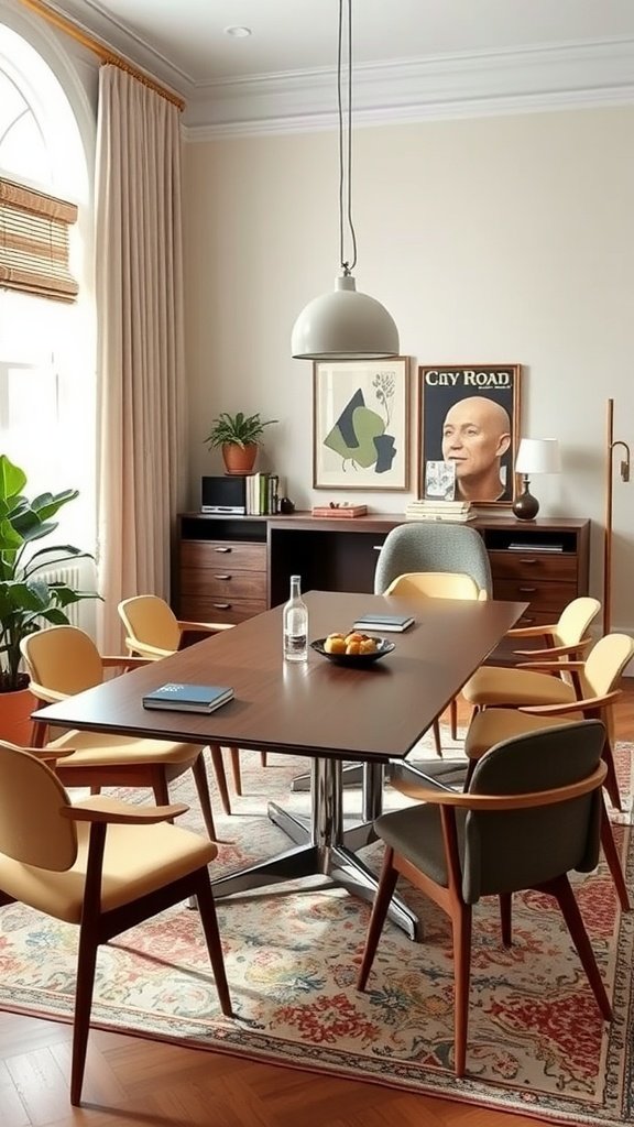 A stylish conference area with a large table, modern chairs, and decorative elements in a bright room.