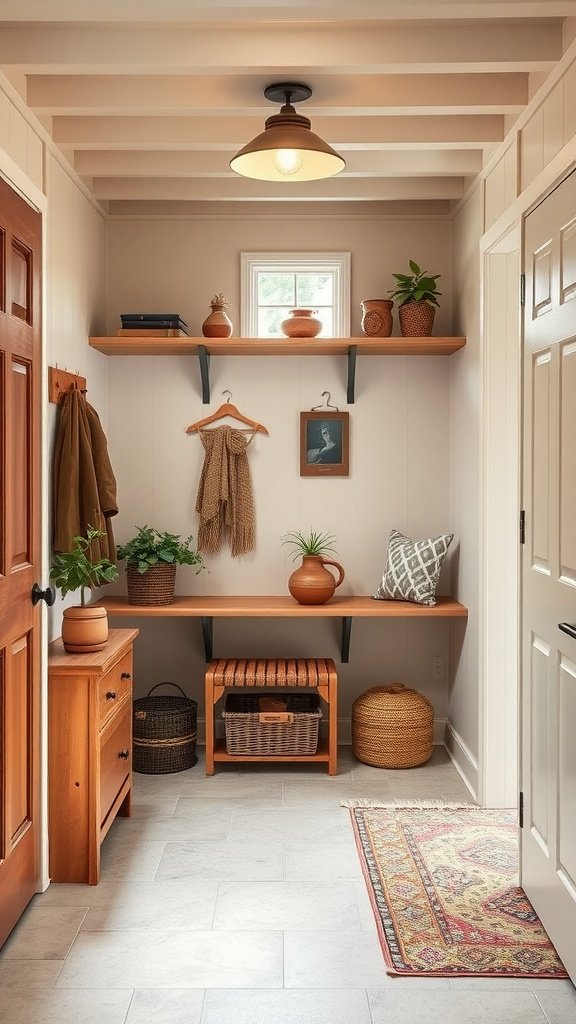 A stylish 1950s mid-century modern mudroom with wooden shelves, a bench, potted plants, and decorative baskets.