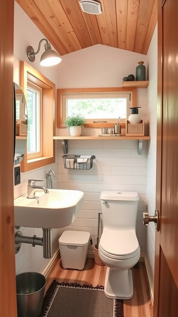 A well-designed functional bathroom in a mid-century modern tiny house featuring wooden ceiling, sink, toilet, and shelving