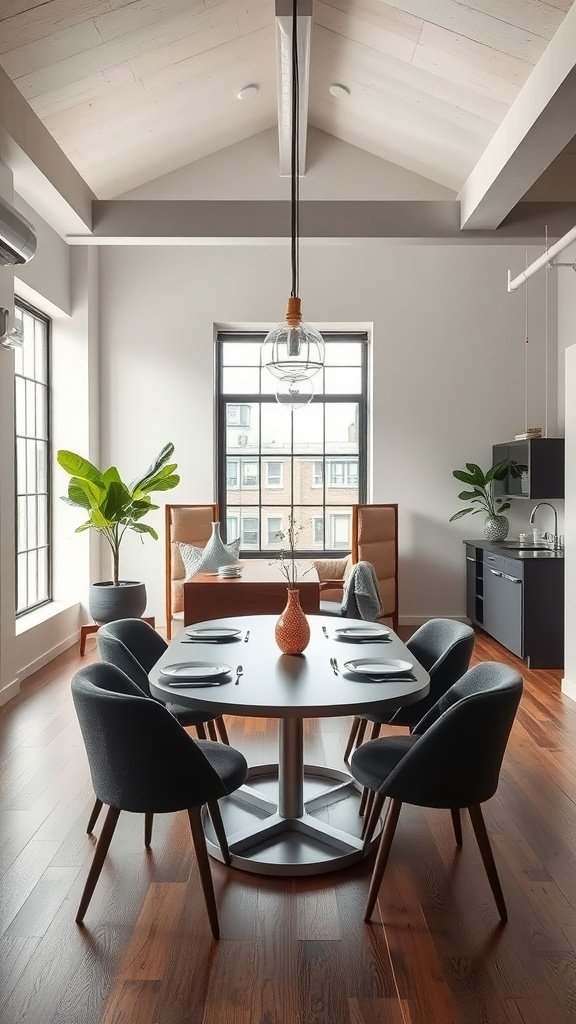 A modern dining area featuring a round table, comfortable chairs, and large windows.