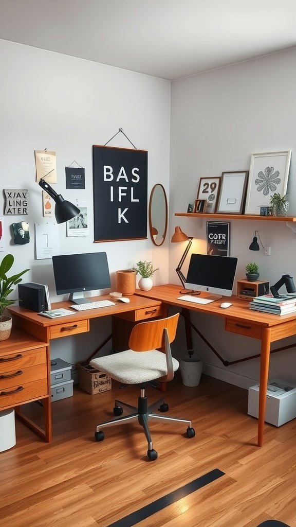 A stylish home office with two wooden desks, computers, and decorative wall art.