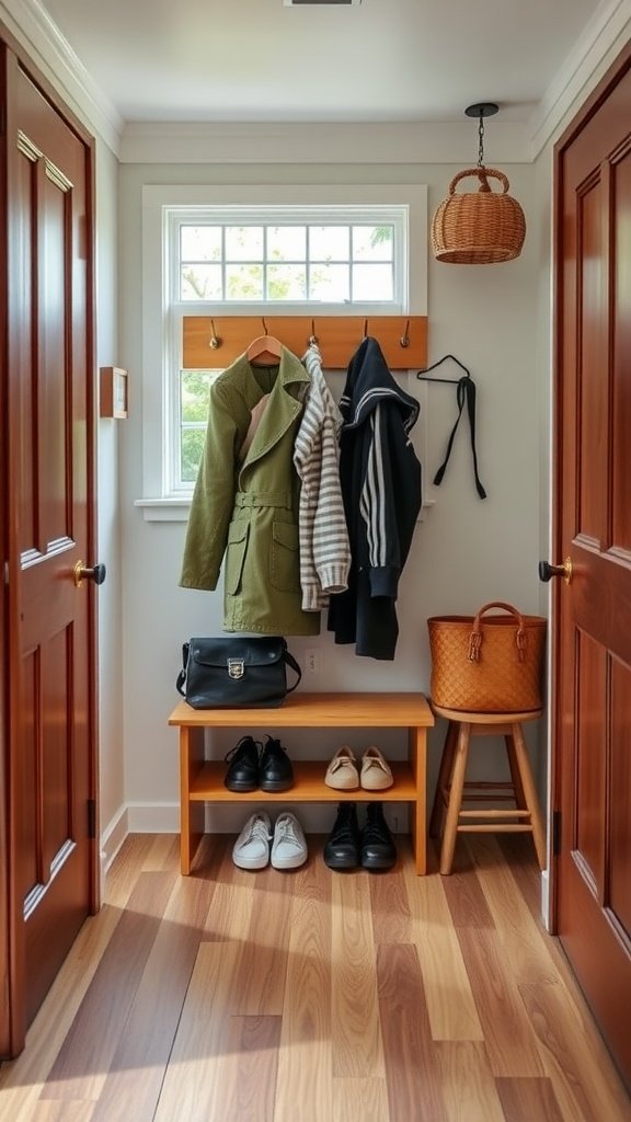 A tidy entryway featuring a wooden bench with shoes underneath, a coat rack with jackets, and a hanging basket.
