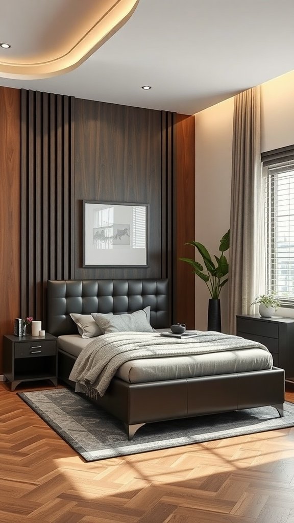 A modern bedroom featuring a black bed with a tufted headboard, stylish side tables, and warm wooden wall panels.