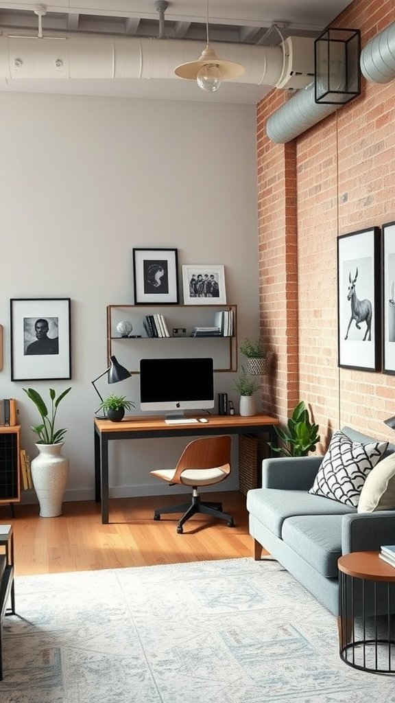 A modern loft living room featuring a functional home office corner with a sleek desk, an ergonomic chair, and decorative plants.