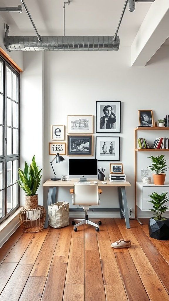 A stylish home office in a modern loft apartment featuring a desk, computer, and plants