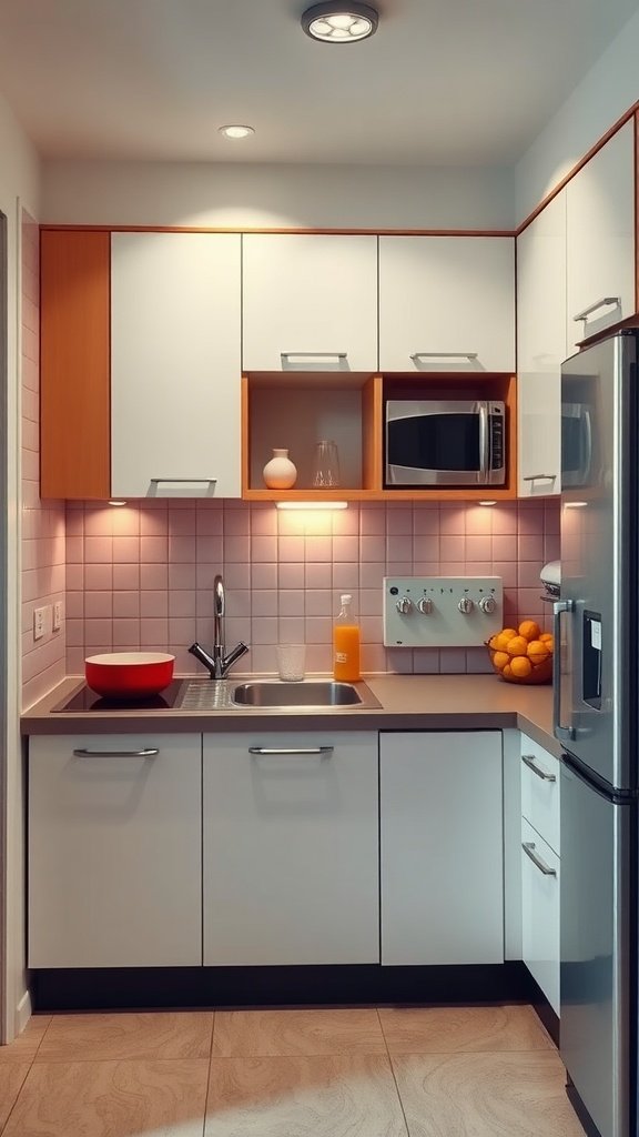A modern functional kitchen with white cabinets, a small sink, a stove, and vibrant decor.