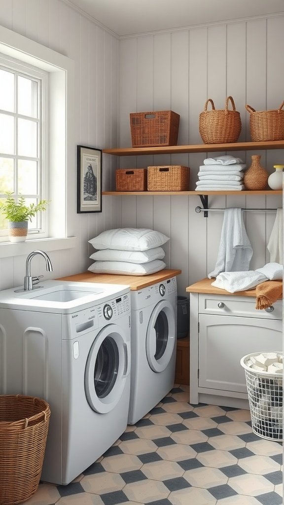 A bright and organized farmhouse laundry room with two washing machines, open shelves with baskets, and a countertop for folding laundry.