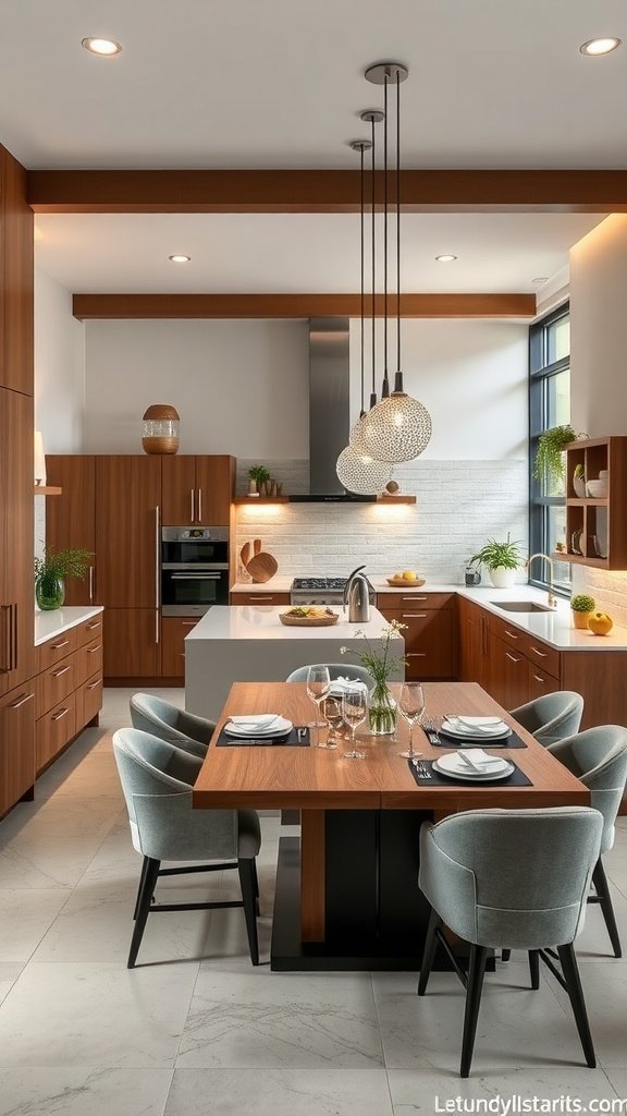A modern loft kitchen featuring wooden cabinetry, a central island, and a dining table set for entertaining.