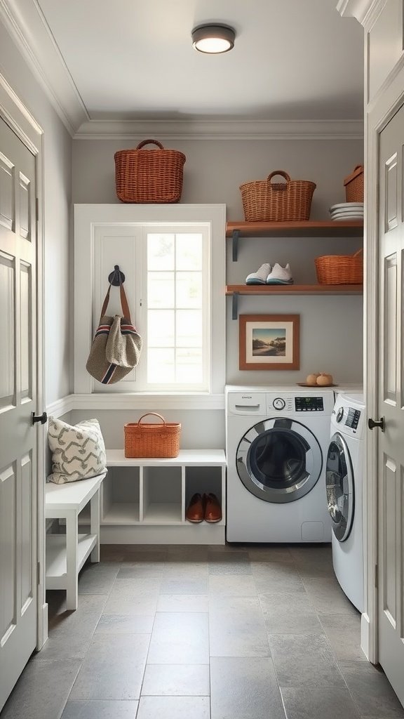 A cozy mudroom laundry combo featuring a washer and dryer, open shelves, and storage baskets, with a bright window letting in natural light.
