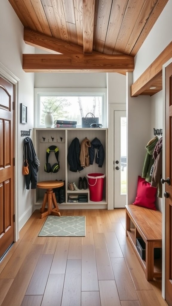A well-organized mudroom featuring wooden beams, hooks for jackets, and storage for outdoor gear.