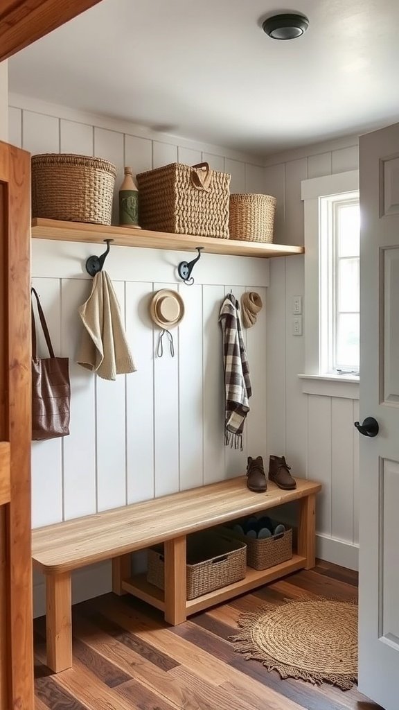 A cozy mudroom featuring a wooden bench, woven baskets, and wall hooks, surrounded by bright walls and a natural rug.