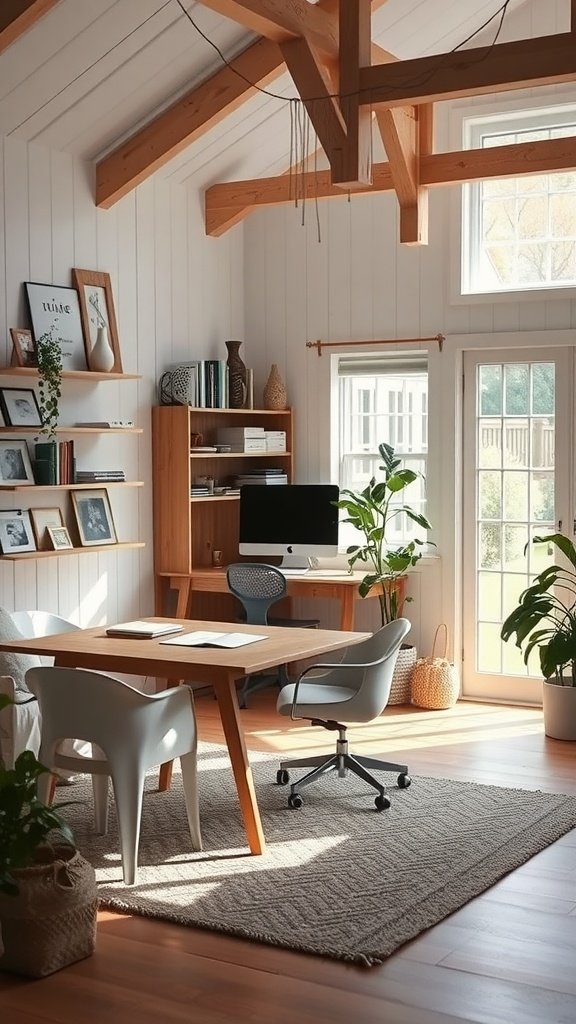 A cozy multi-use space in a modern cottage house featuring a desk, a table, and plants.
