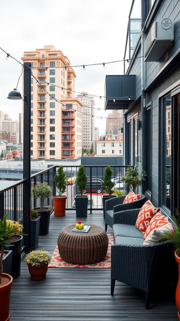 Stylish balcony with wicker seating, potted plants, and string lights in an urban setting.