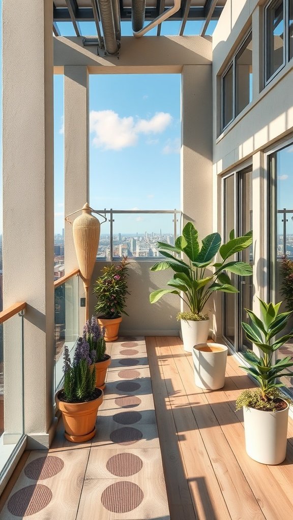 A stylish balcony with plants, wooden flooring, and a stunning view