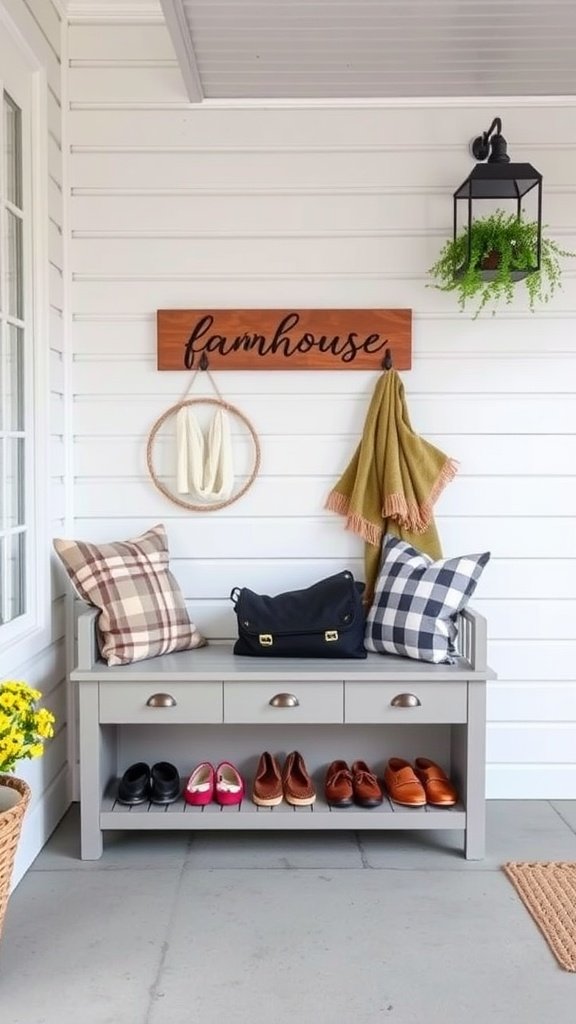 A farmhouse-style front porch featuring a gray storage bench with pillows, a wooden 'farmhouse' sign, and hooks for hanging items.