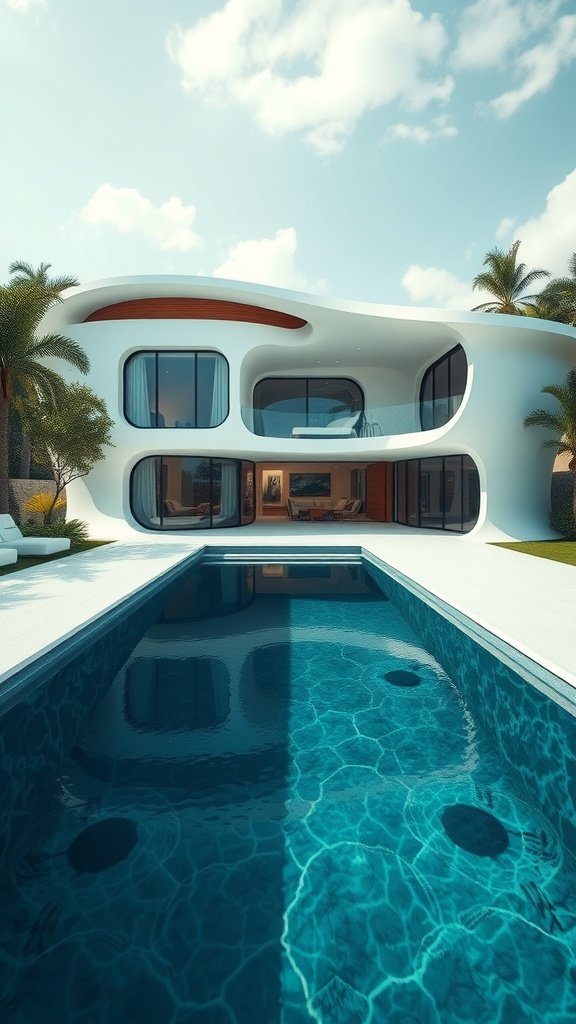 Modern house with a pool and underwater viewing area, surrounded by palm trees