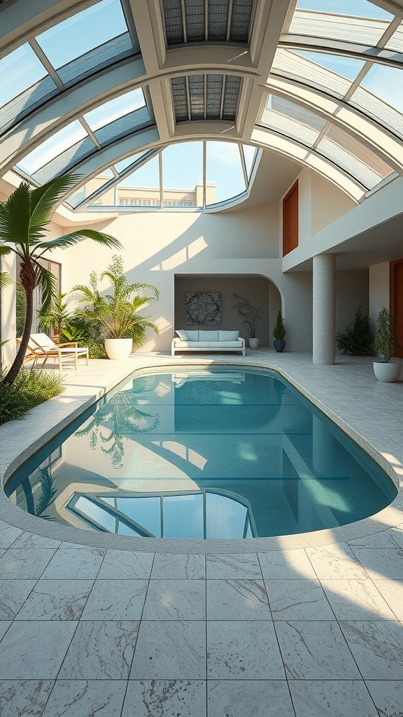 A modern eco-home with a solar-powered indoor pool, featuring large glass panels and tropical plants.