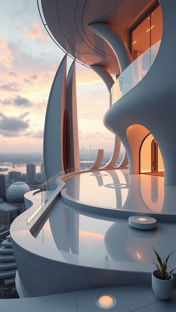 A futuristic penthouse terrace with flowing architectural lines and city views at sunset.